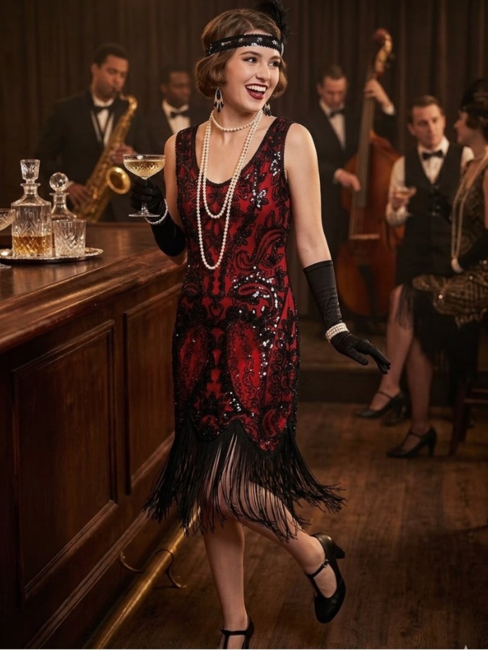Fundaisy 1920s Red Black Sequin Fringe Flapper Dress Large Gatsby Cocktail Party